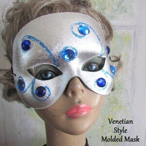 HALLOWEEN MASK, VENETIAN CARNIVALE EMBELLISHED SILVER w BLUE GEMS, MASKED BALL